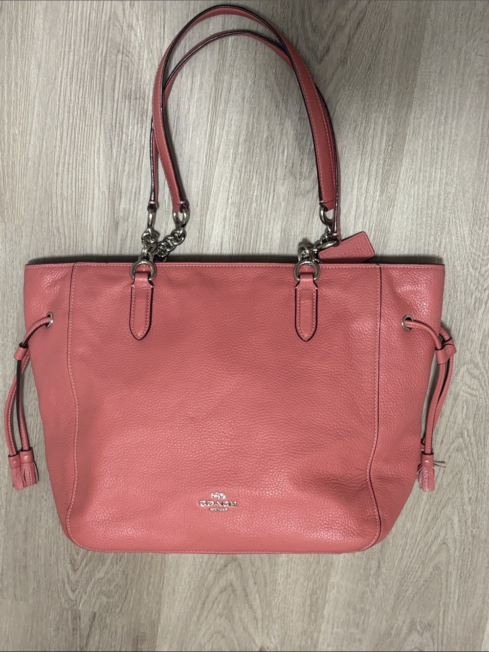 Coach Coral Pink Pebbled Leather Tote with Silver Hardware